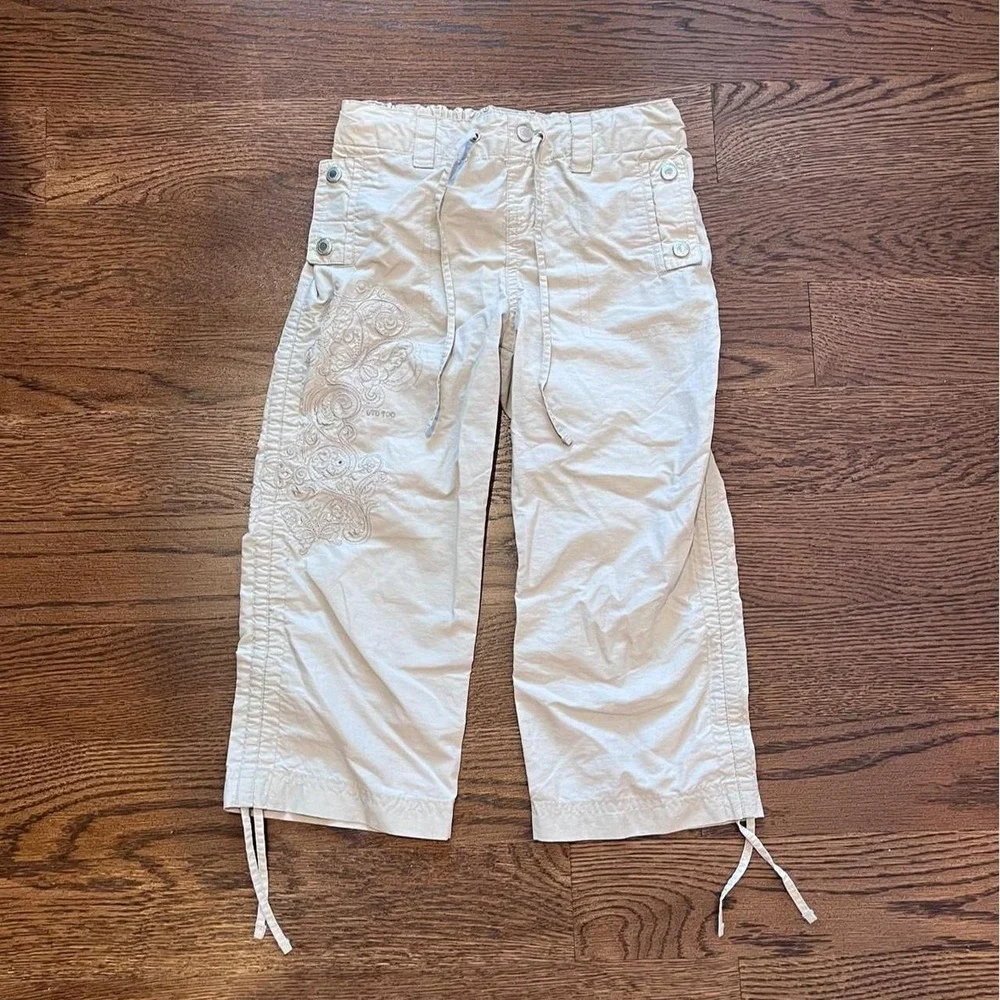 ⭐Y2K Girls Cream Khaki Floral Embroidery Utility Pants Cinched Tie Hem Size 7